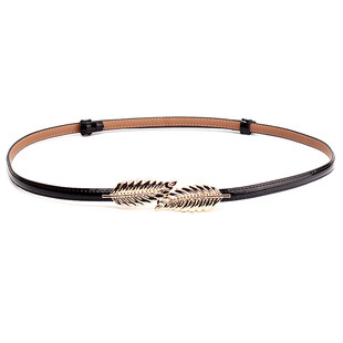 促销韩版真皮金色树叶细皮带装饰百搭裙子毛衣腰带女配裙子黑红色