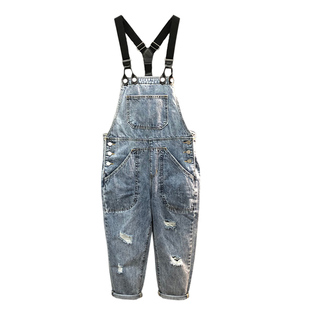 欧货2026春夏季新款高腰洋气牛仔九分背带裤女显瘦直筒破洞连体裤