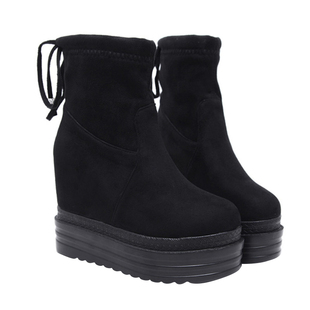 2025秋冬季内增高厚底短靴坡跟超高跟鞋12CM中筒靴绒面弹力女靴子