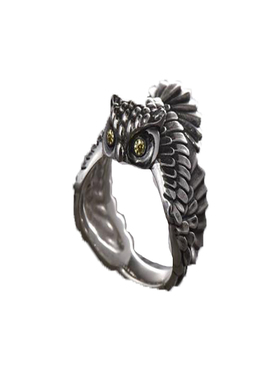 猫头鹰睿智动物抛光氧化纯银戒指