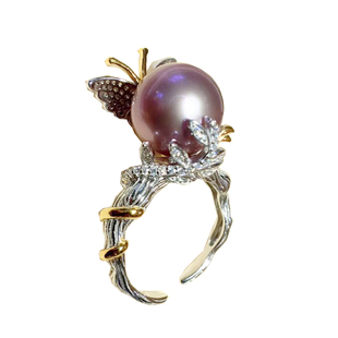 澳洲白珍珠戒指s925银镶嵌孔雀绿黑珍珠开口指环可调节紫珍珠女戒