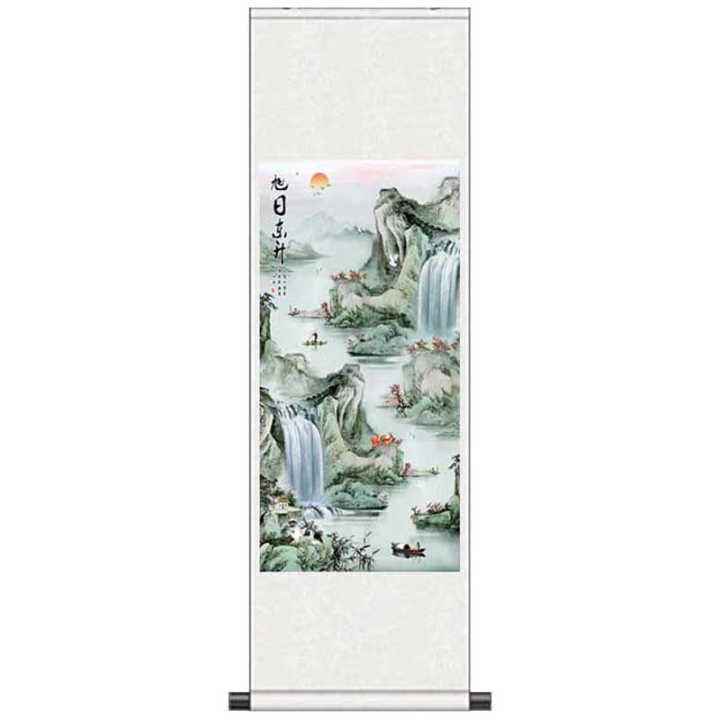聚宝盆山水画靠山装饰丝绸卷轴画旭日东升风水玄关画国画招财山水