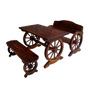 碳化车轮餐桌组合三套件双人桌椅凳实木结构阳台庭院休闲茶几椅子