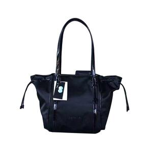 agnes b经典防水尼龙配漆皮单肩手提抽绳变形ab水饺子包大容量女