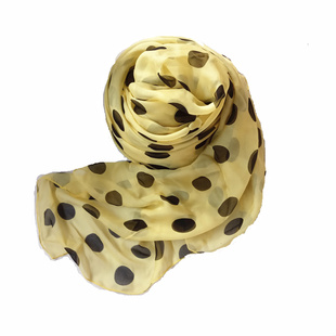 春夏时尚洋气真丝围巾披肩黄底黑色大波点圆点桑蚕丝巾方巾薄纱巾