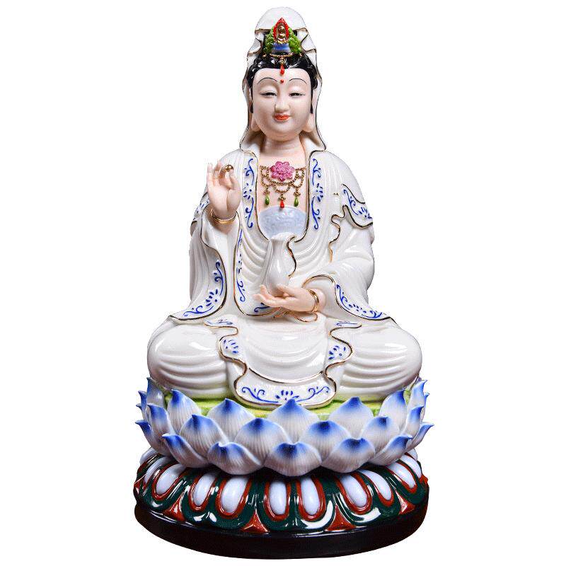 【感恩结缘优惠】德化佛像观世音菩萨青花家用供奉彩色坐莲观音