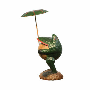 泰国木雕招财打伞青蛙实木复古客厅书桌招财摆件实体店铺创意摆设