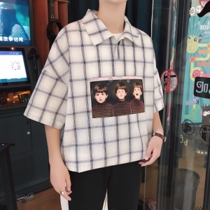 韩版格子翻领t恤