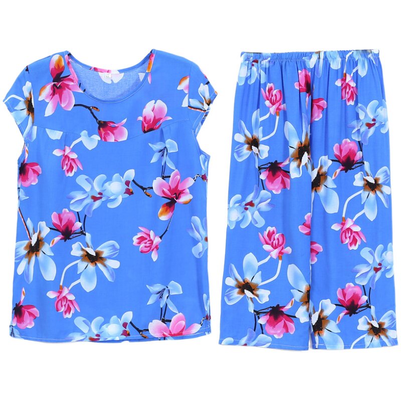 中年妈妈装夏季棉绸睡衣女夏短袖中老年人造棉套装夏天绵绸两件套