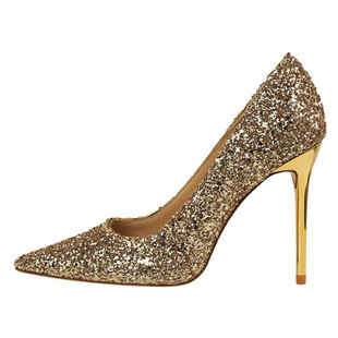 BIGTREE 女鞋浅口尖头亮片闪耀性感显瘦夜店高跟鞋黑色工作单鞋