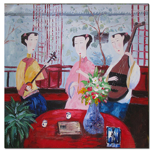 油画纯手绘人物临摹抽象画立体新中式美女庭院风景装饰画茶楼玄关