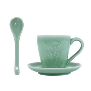 御茗青瓷咖啡杯套装陶瓷办公杯子带勺子杯碟创意情侣搅拌对杯包邮