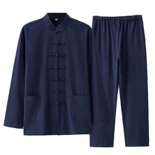 棉麻唐装男长袖套装春秋亚麻中国风男装中式汉服复古风禅修居士服