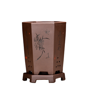 宜兴紫砂花盆兰花盆带托盘描金六方盆君子盆兰草盆景盆室内陶瓷盆