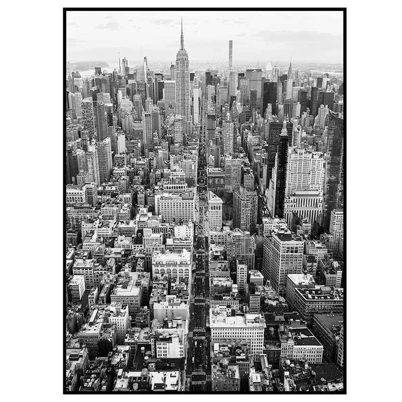 黑白城市建筑曼哈顿三联沙发背景墙装饰画高级灰现代挂画极有家