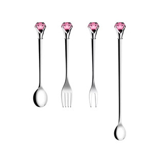 正品钻石不锈钢长柄搅拌勺咖啡勺子可爱水晶甜品勺水果叉子蛋糕叉