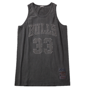 夏季水洗棉做旧复古无袖背心篮球BULLS字母33刺绣宽松马甲潮男女