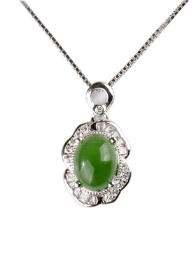 纯银新疆天然碧玉翡翠菠菜绿吊坠