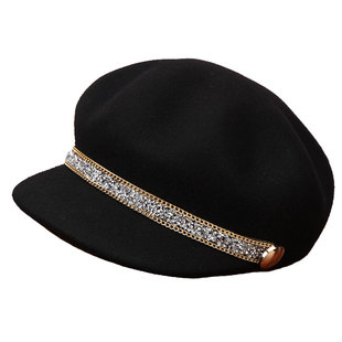 小香风羊毛呢海军帽子女秋冬贝雷帽欧美风平顶帽个性百搭鸭舌帽潮