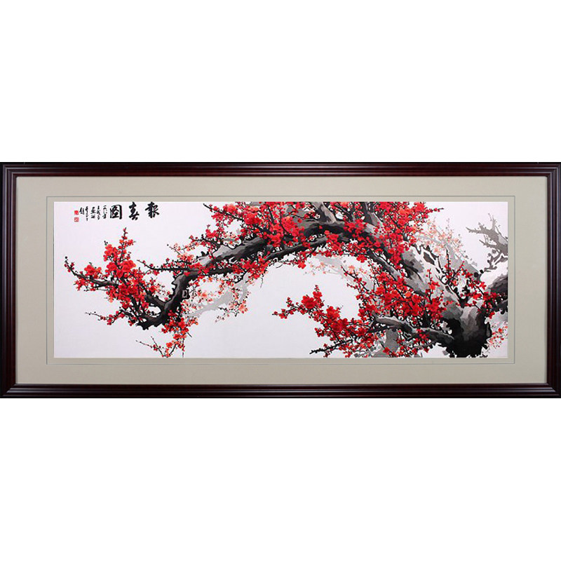 金艺纯手工苏州刺绣苏绣成品挂画大幅客厅沙发墙装饰画梅花报春图