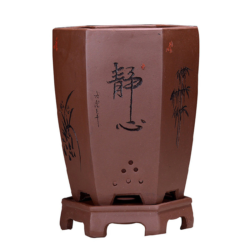 精品紫砂花盆兰花盆手工刻绘六方君子兰盆兰草花盆带托盘兰花专用