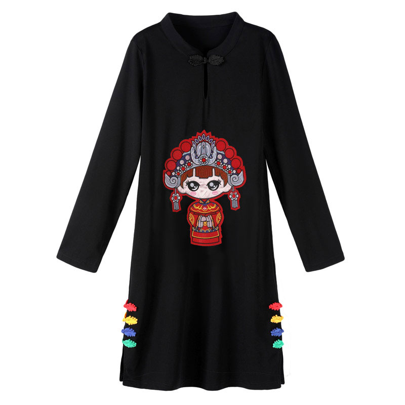 年轻款改良旗袍连衣裙女2025春新款时尚个性图案长袖显瘦开衩裙潮