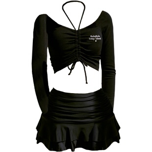 RolaRola韩国INS水上乐字母抽褶长袖露腰性感保守分体泳衣女夏