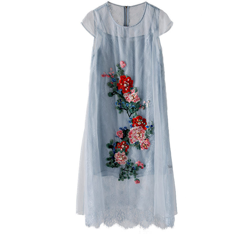 民族风连衣裙夏女真丝欧根纱复古刺绣钉珠蕾丝中长款显瘦中国风裙