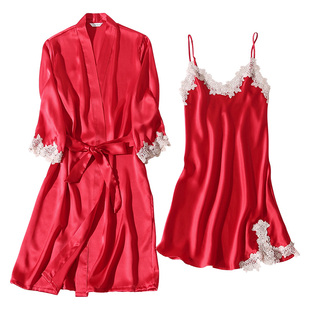 2025新款真丝睡衣女春秋性感蕾丝两件套装桑蚕丝夏季吊带睡裙睡袍