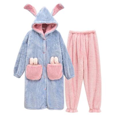 睡衣冬季加厚加绒睡袍珊瑚绒兔子