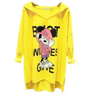 春秋装中长款长袖T恤打底衫简约韩版宽松前短后长卡通连帽卫衣女