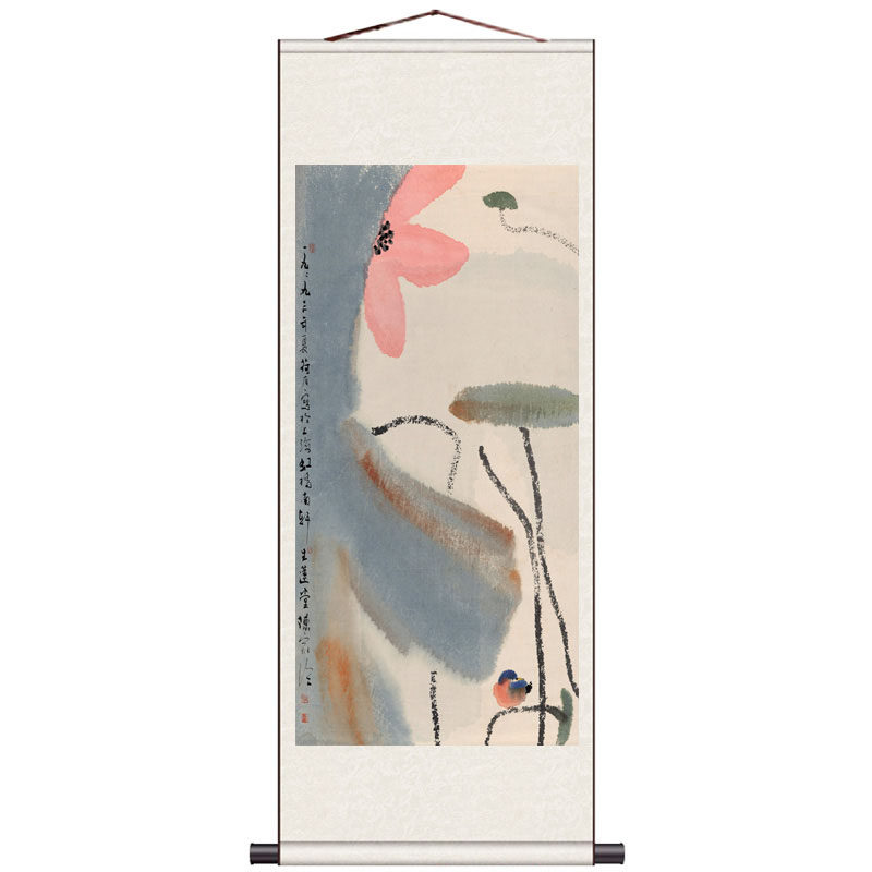 清雅荷花水墨红荷图国画客厅装饰画丝绸挂画卷轴画宣纸挂画已装裱