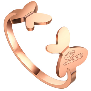 18k玫瑰金蝴蝶开口均码戒指女韩版时尚食指尾戒子钛钢韩国首饰品