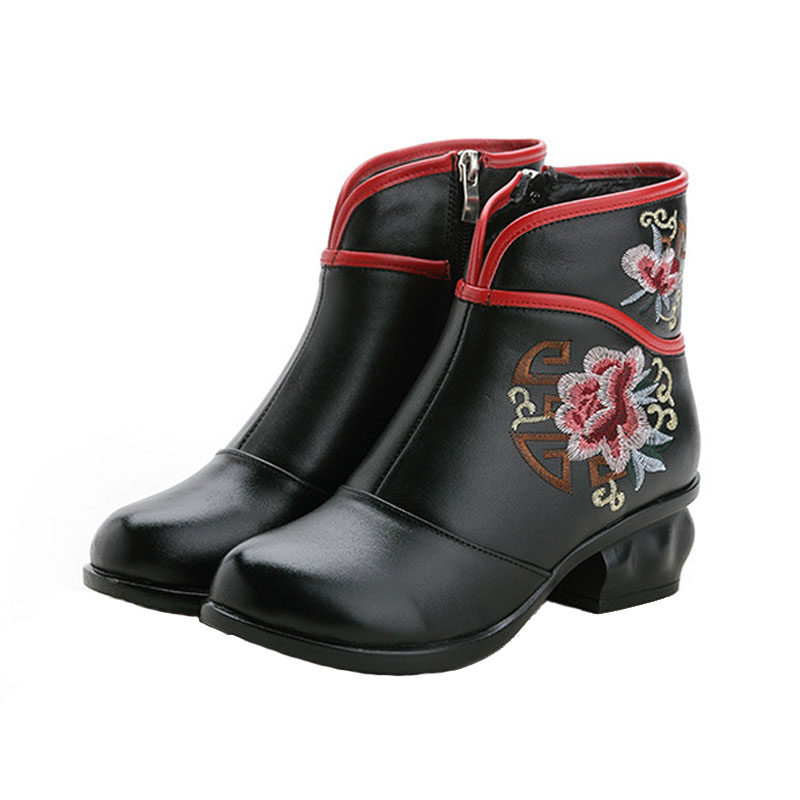 春秋真皮软底深口单鞋女舒适休闲工作皮鞋中跟粗跟圆头中年妈妈鞋