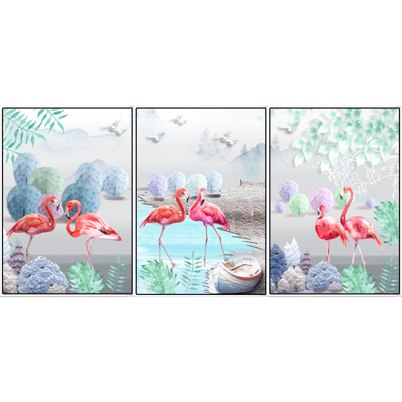 客厅火烈鸟三联画满钻十字绣