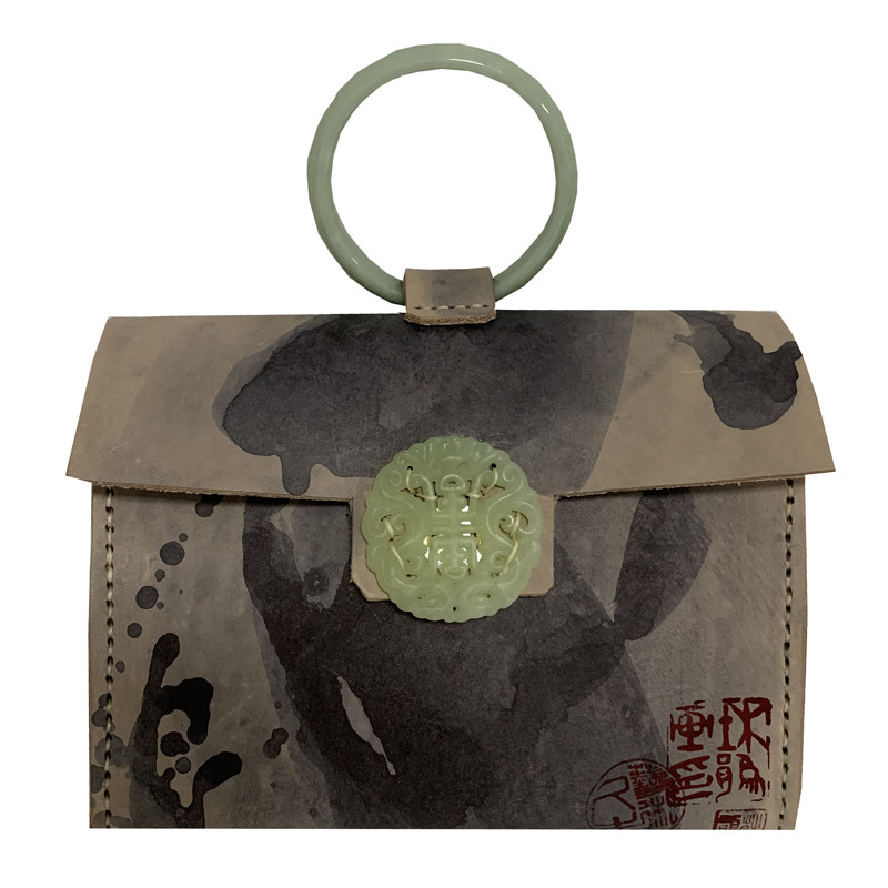 中国风手绘手提斜跨包植鞣皮手工