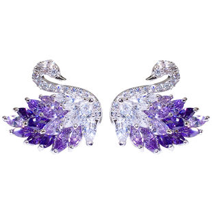 锆石天鹅耳钉女网红925纯银银针气质无耳孔耳夹时尚百搭耳环长款