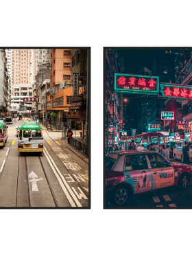 香港夜景客厅奶茶店免打孔装饰画