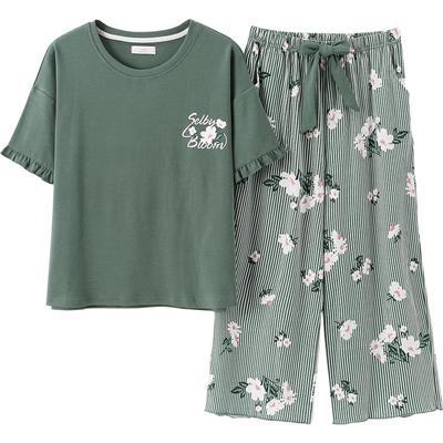 睡衣女士夏季薄款纯棉短袖七分裤女装夏装春秋款中长裤家居服套装