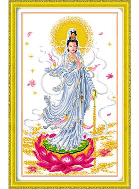 精准印布滴水观音坐莲佛像满绣