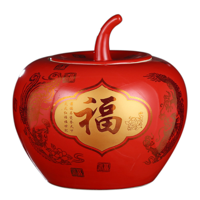 景德镇陶瓷器中国红福字苹果储物罐子双喜结婚礼品客厅装饰品摆件