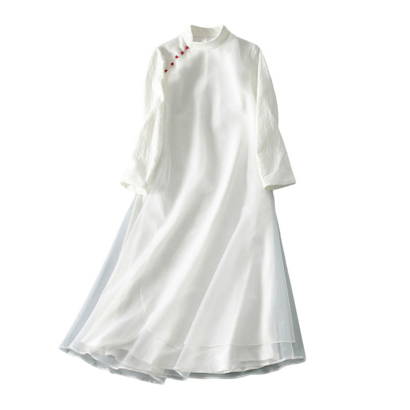 秋冬国风宽松文艺茶服长款双层欧根纱棉麻改良旗袍禅意仙女连衣裙