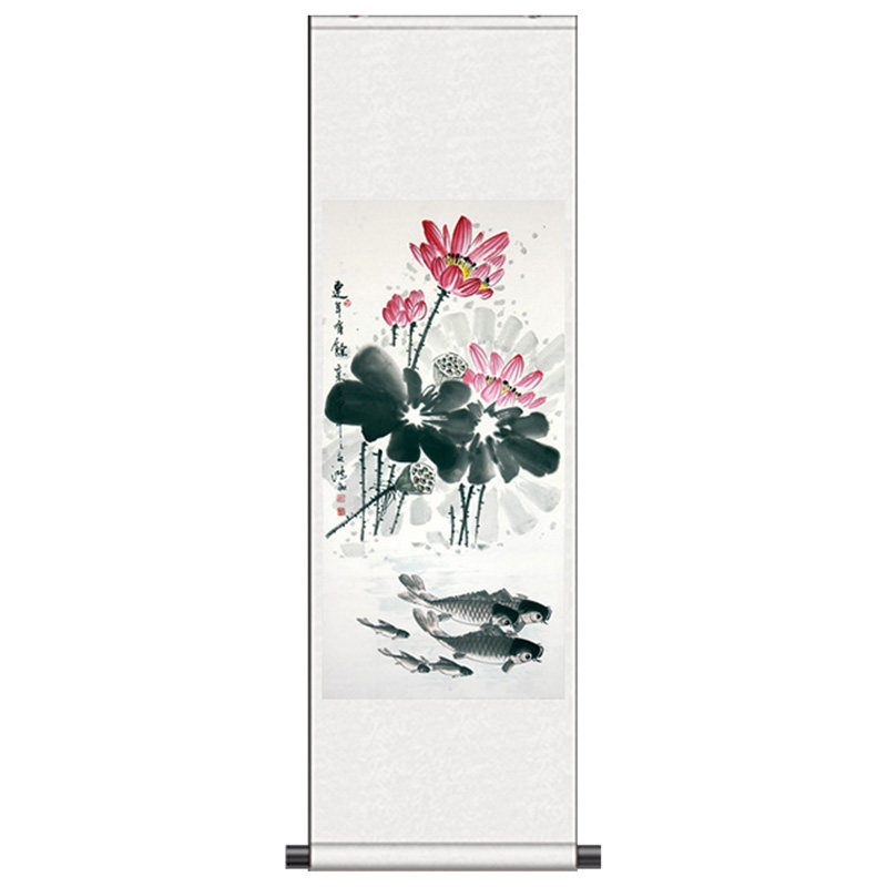 好运礼品连年有余国画丝绸画卷轴画水墨莲花六鱼图六六大顺风水画