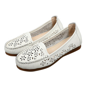 上海花牌真皮平跟女鞋透气软底平底凉鞋真皮镂空女凉鞋防滑洞洞鞋