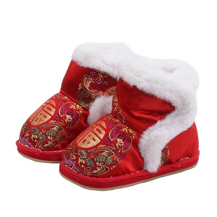 男女宝宝民族唐装棉鞋春节拜年新年红色加绒夹棉加厚棉靴中筒靴子