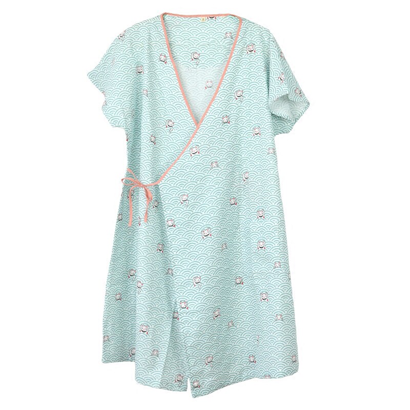 日系夏季女士薄款条纹小翻领纯棉双层纱布无袖睡裙家居裙子中裙