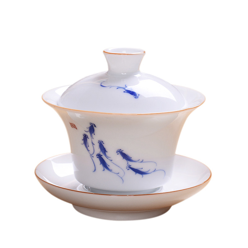 手绘盖碗三才杯茶碗茶杯高白恬白瓷茶碗铁观音普洱红茶绿茶碗茶艺
