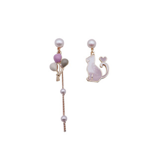 Rhea原创~可爱长款不对称粉猫咪甜美无痛无耳洞蚊香盘耳夹耳钉