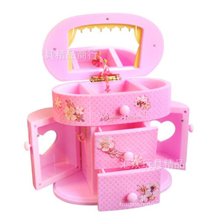 女孩梳妆儿童音乐盒带两门抽屉镜子收纳盒上链八音首饰盒生日礼物