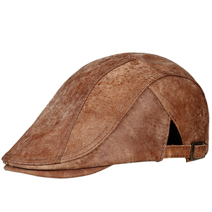 薄款透气皮帽子男士中老年真皮鸭舌帽秋冬季贝雷帽女前进帽工人帽